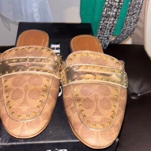 Coach Tan Slip-On Loafers with Gold Studs